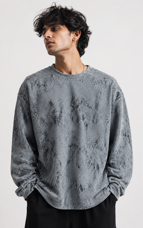 Acid Wash Waffle Knit Full Sleeve T-Shirt – Ash Grey
