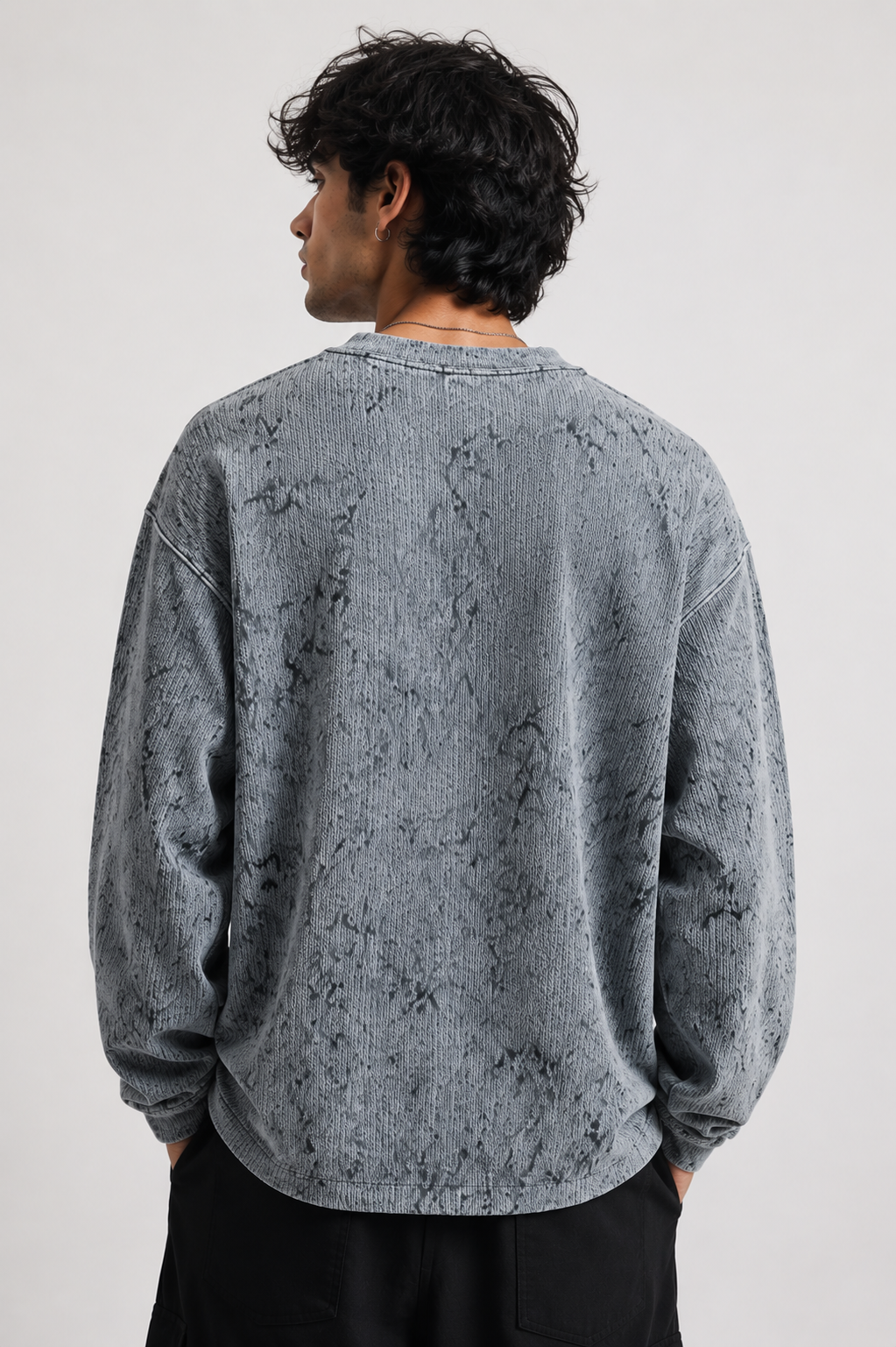Acid Wash Waffle Knit Full Sleeve T-Shirt – Ash Grey