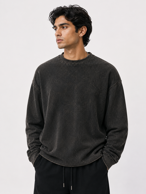 Acid Wash Waffle Knit Full Sleeve T-Shirt – Charcoal Brown