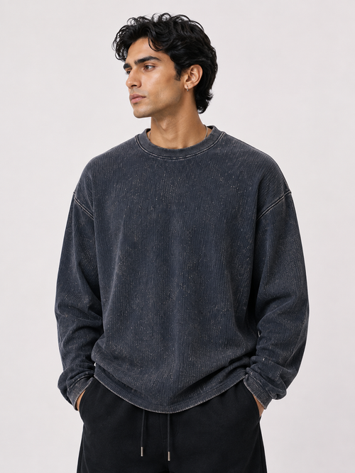 Acid Wash Waffle Knit Full Sleeve T-Shirt – Vintage Navy