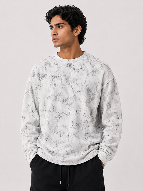 Acid Wash Waffle Knit Full Sleeve T-Shirt | Vintage White | Wear Wildcard