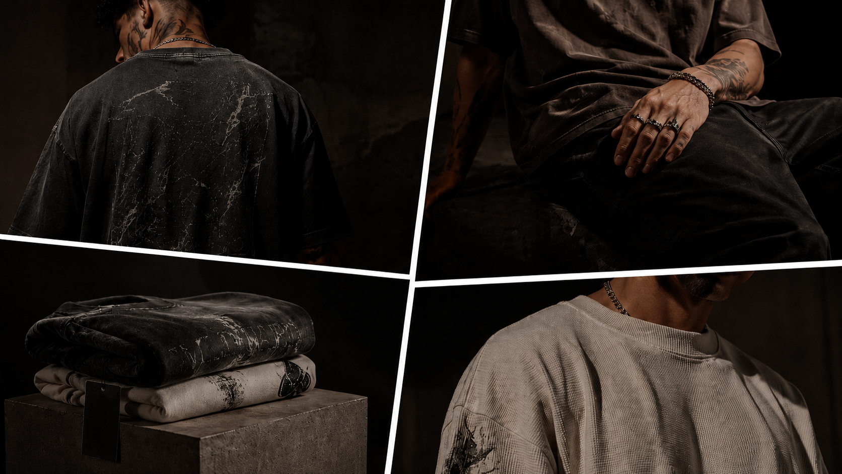 A four-panel collage showing a person wearing a dark washed black or charcoal sweatshirt from the back, seated at an angle, folded on a block, and from the front in a light gray washed version. The styling is moody and dark with high contrast.