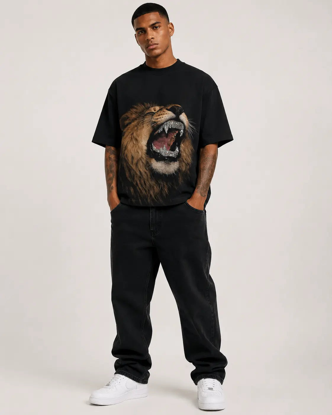Diamond Roar Rhinestone Oversized T-Shirt – Black – styled view 1