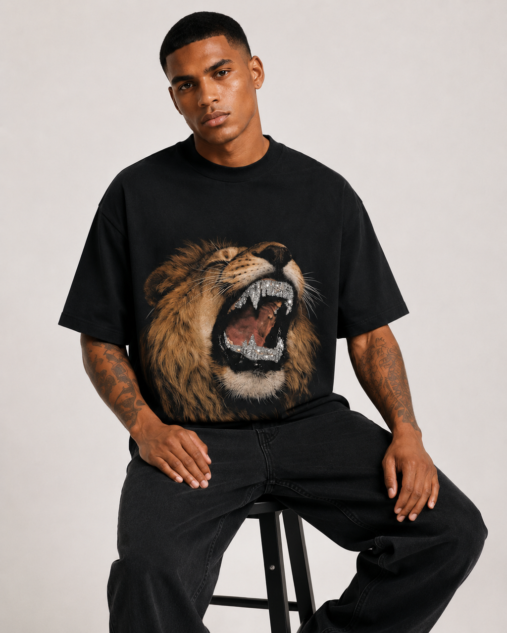 Diamond Roar Rhinestone Oversized T-Shirt – Black