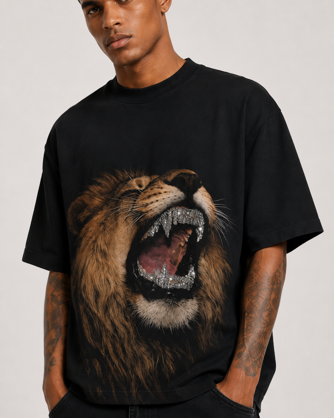 Diamond Roar Rhinestone Oversized T-Shirt – Black