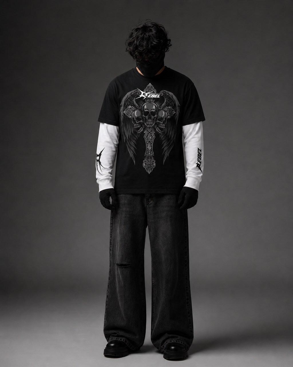 Rebel Skull Wings Layered T-Shirt – Black Pure Cotton Tee with White Waffle Knit Sleeves