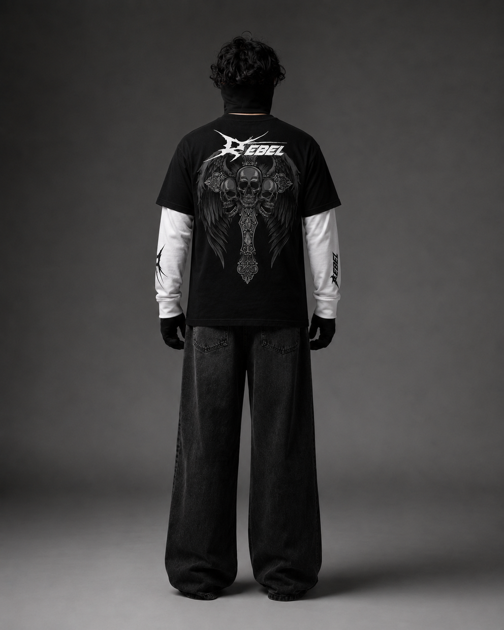 Rebel Skull Wings Layered T-Shirt – Black Pure Cotton Tee with White Waffle Knit Sleeves