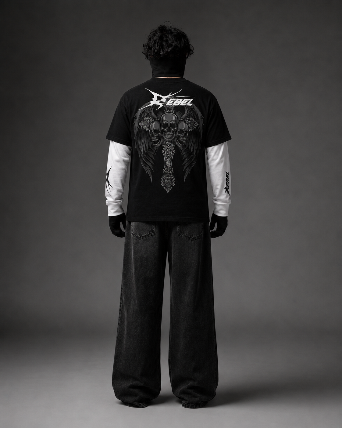 Rebel Skull Wings Layered T-Shirt – Black Pure Cotton Tee with White Waffle Knit Sleeves