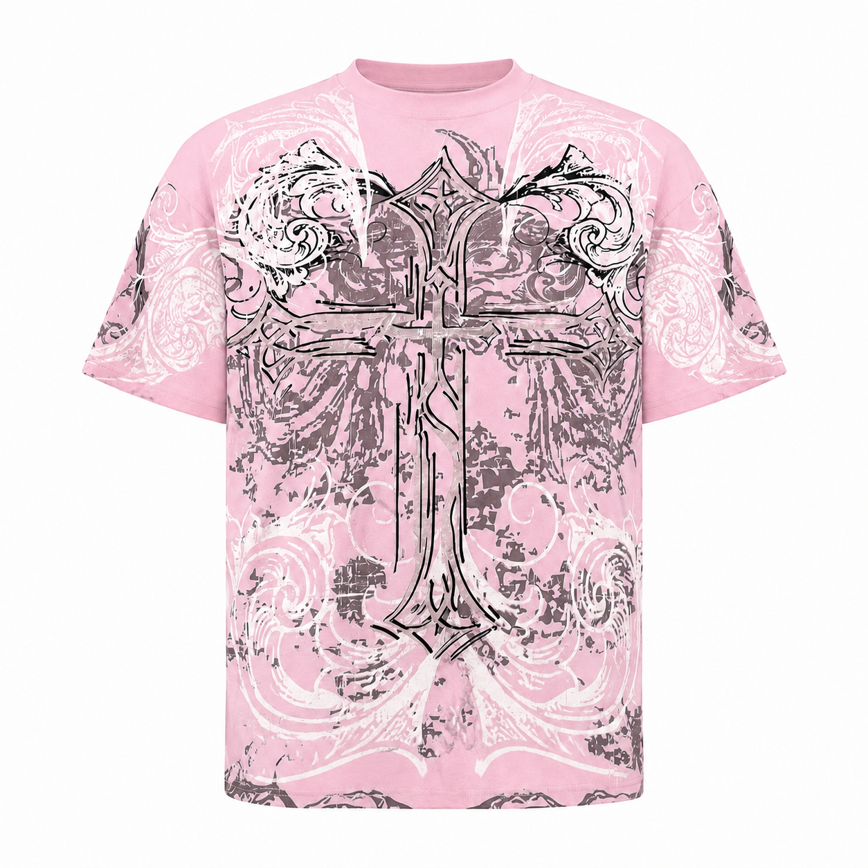 Blessed Pink Gothic Cross Boxy Fit T-Shirt – Pure Cotton Graphic Tee