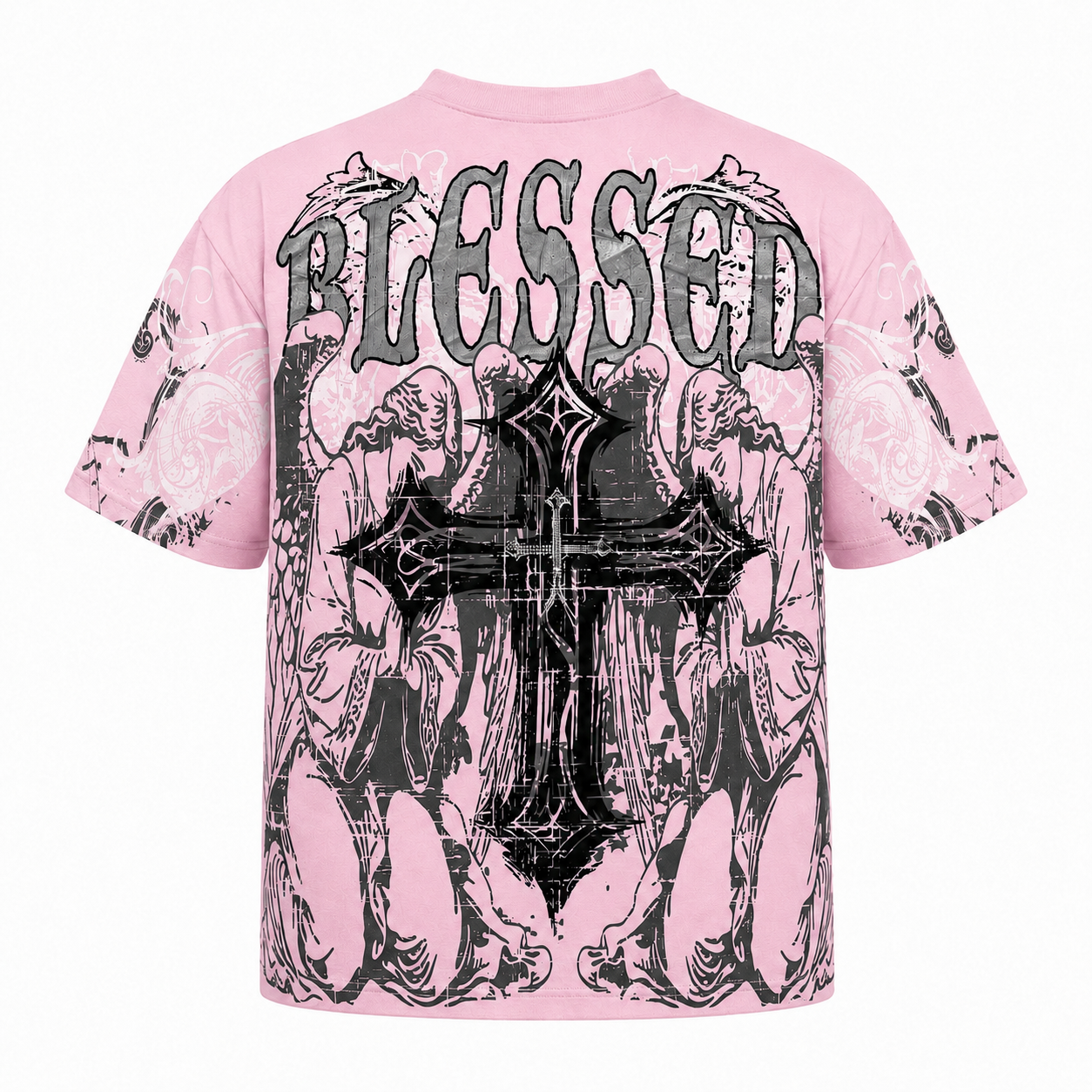 Blessed Pink Gothic Cross Boxy Fit T-Shirt – Pure Cotton Graphic Tee