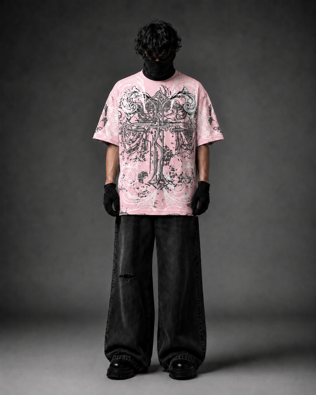 Blessed Pink Gothic Cross Boxy Fit T-Shirt – Pure Cotton Graphic Tee