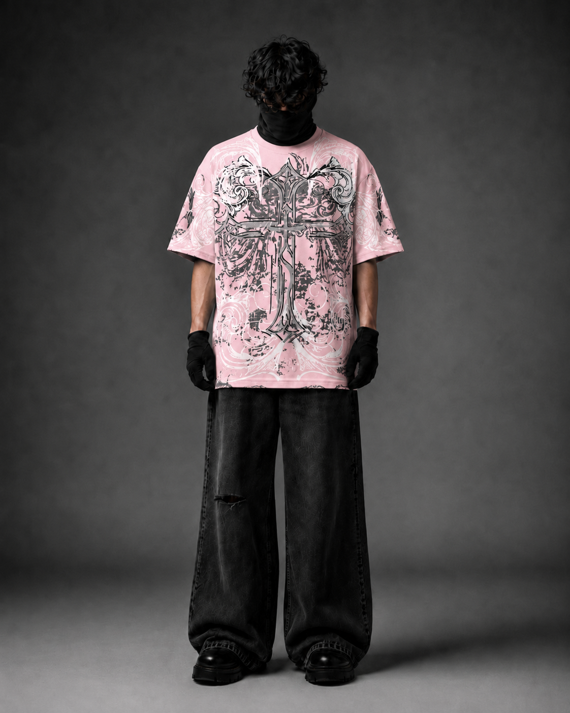Blessed Pink Gothic Cross Boxy Fit T-Shirt – Pure Cotton Graphic Tee