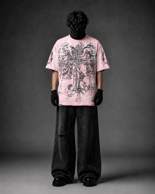 Blessed Pink Gothic Cross Boxy Fit T-Shirt – Pure Cotton Graphic Tee