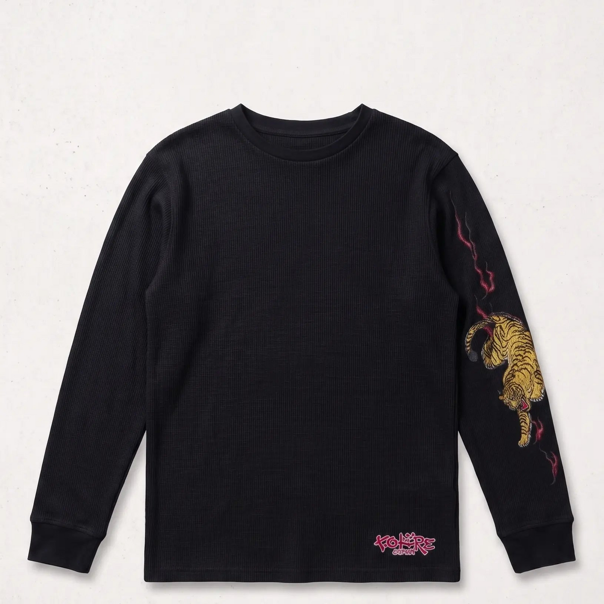 Black 240 GSM Cotton Waffle Knit Long Sleeve Tee with DTF Tiger Graphic – styled view 1