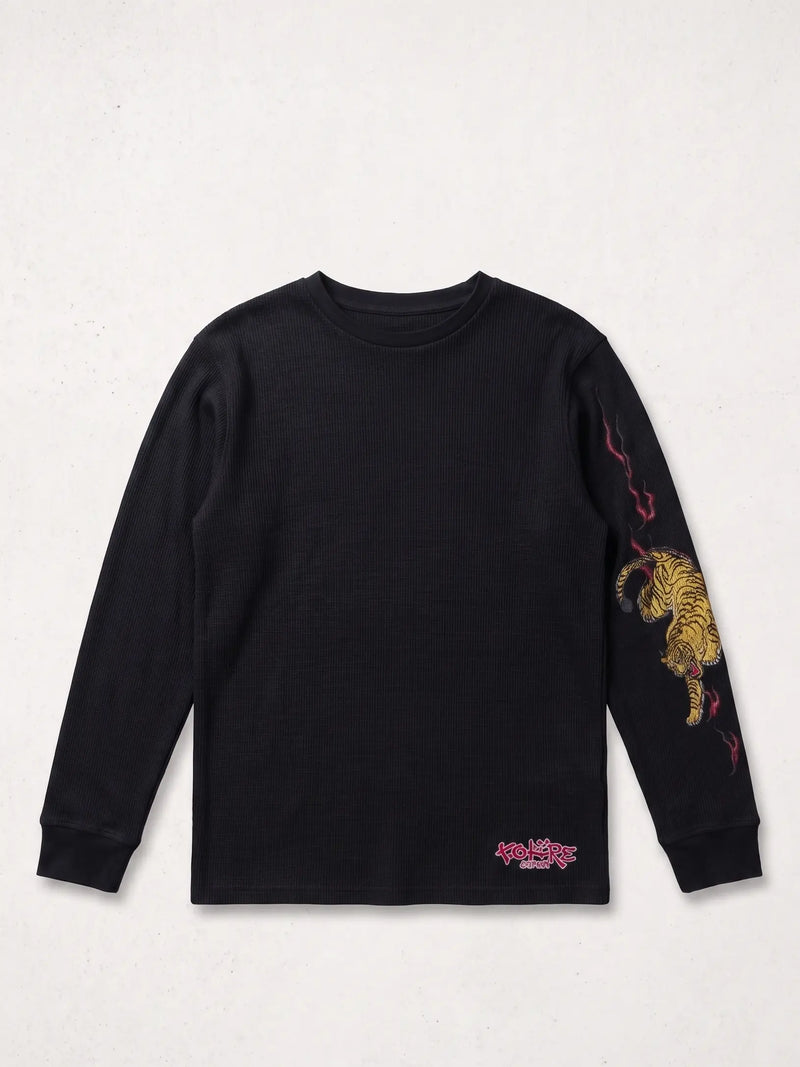 Black 240 GSM Cotton Waffle Knit Long Sleeve Tee with DTF Tiger Graphic – styled view 1