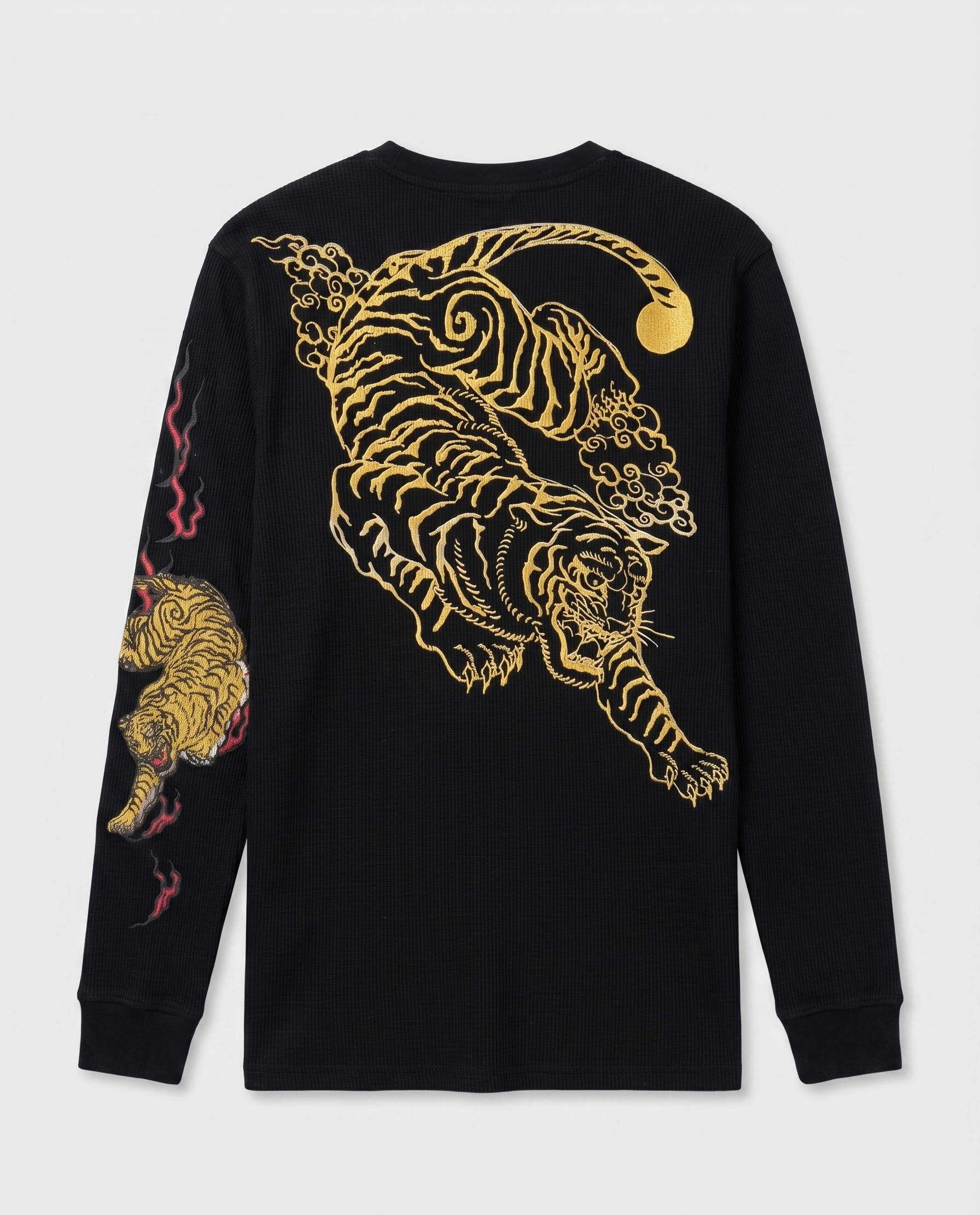 Black 240 GSM Cotton Waffle Knit Long Sleeve Tee with DTF Tiger Graphic