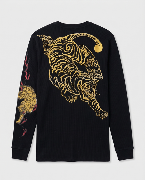 Black 240 GSM Cotton Waffle Knit Long Sleeve Tee with DTF Tiger Graphic