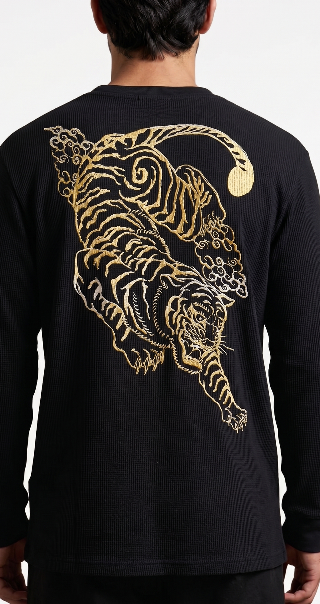Black 240 GSM Cotton Waffle Knit Long Sleeve Tee with DTF Tiger Graphic