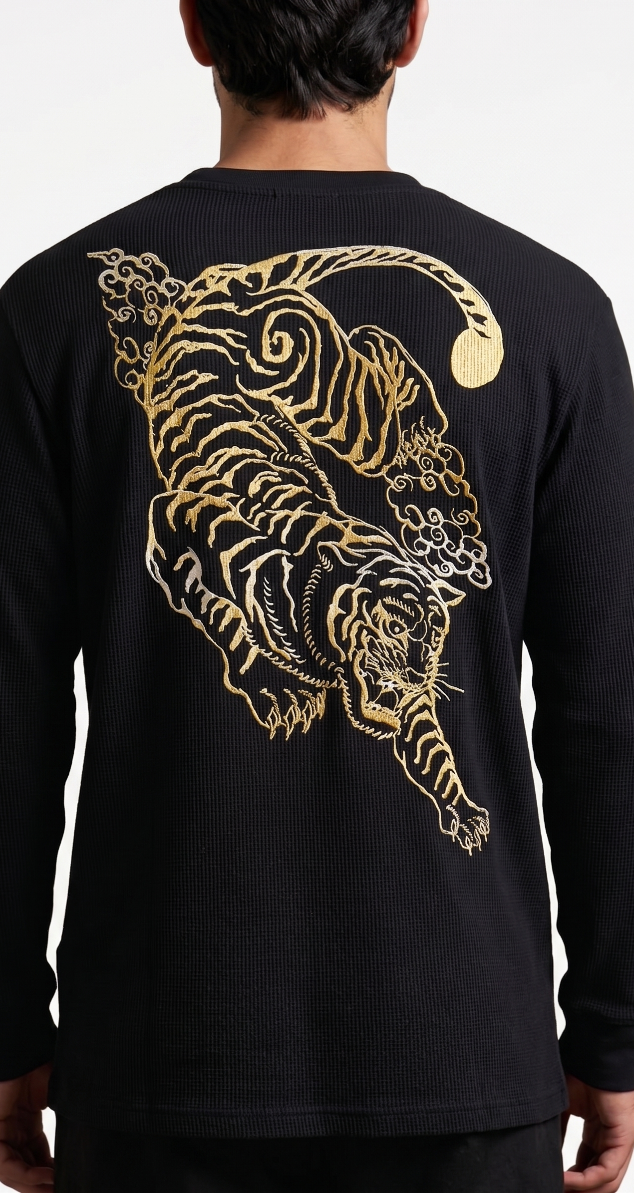 Black 240 GSM Cotton Waffle Knit Long Sleeve Tee with DTF Tiger Graphic