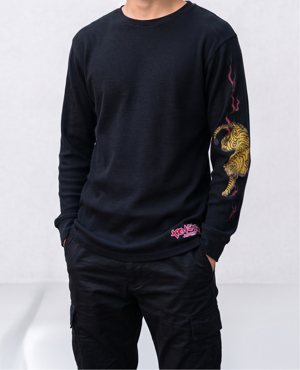 Black 240 GSM Cotton Waffle Knit Long Sleeve Tee with DTF Tiger Graphic