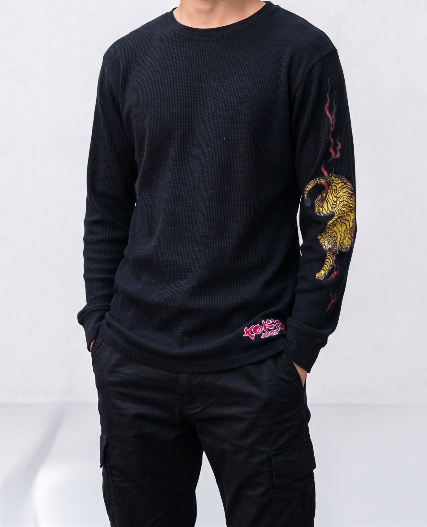 Black 240 GSM Cotton Waffle Knit Long Sleeve Tee with DTF Tiger Graphic