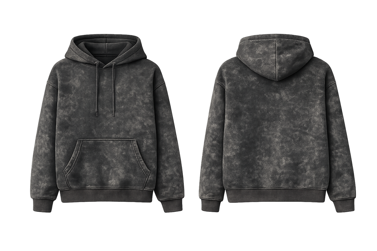 Acid Wash Black cotton fleece hoodie front and back