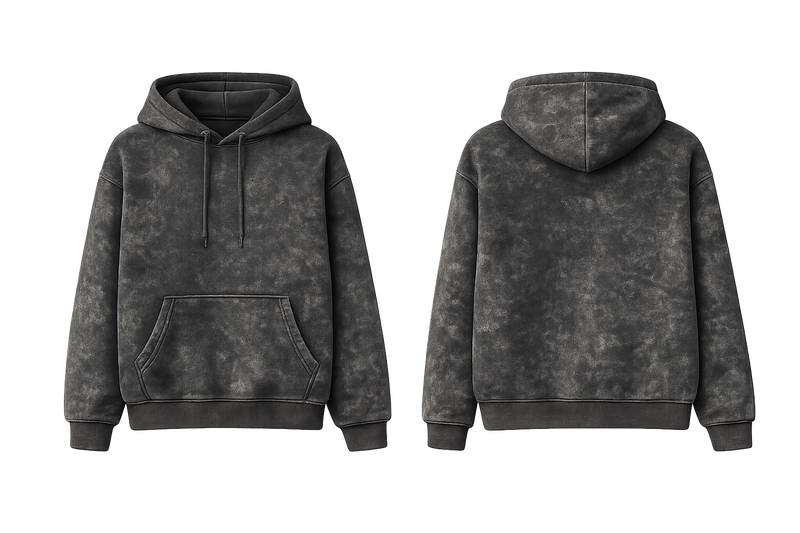 Acid Wash Black cotton fleece hoodie front and back