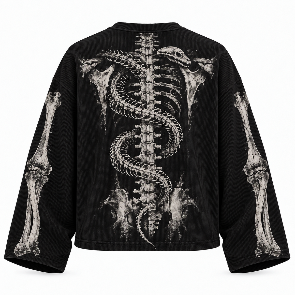Black skeletal serpent full sleeve tee — back view