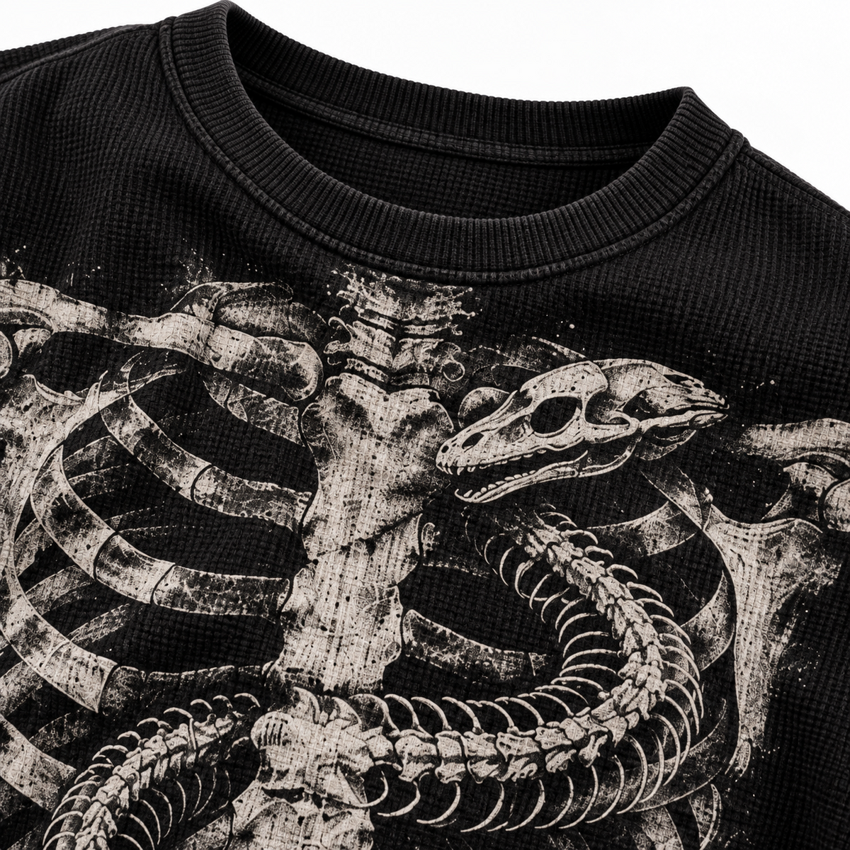 Black skeletal serpent full sleeve tee — detail view