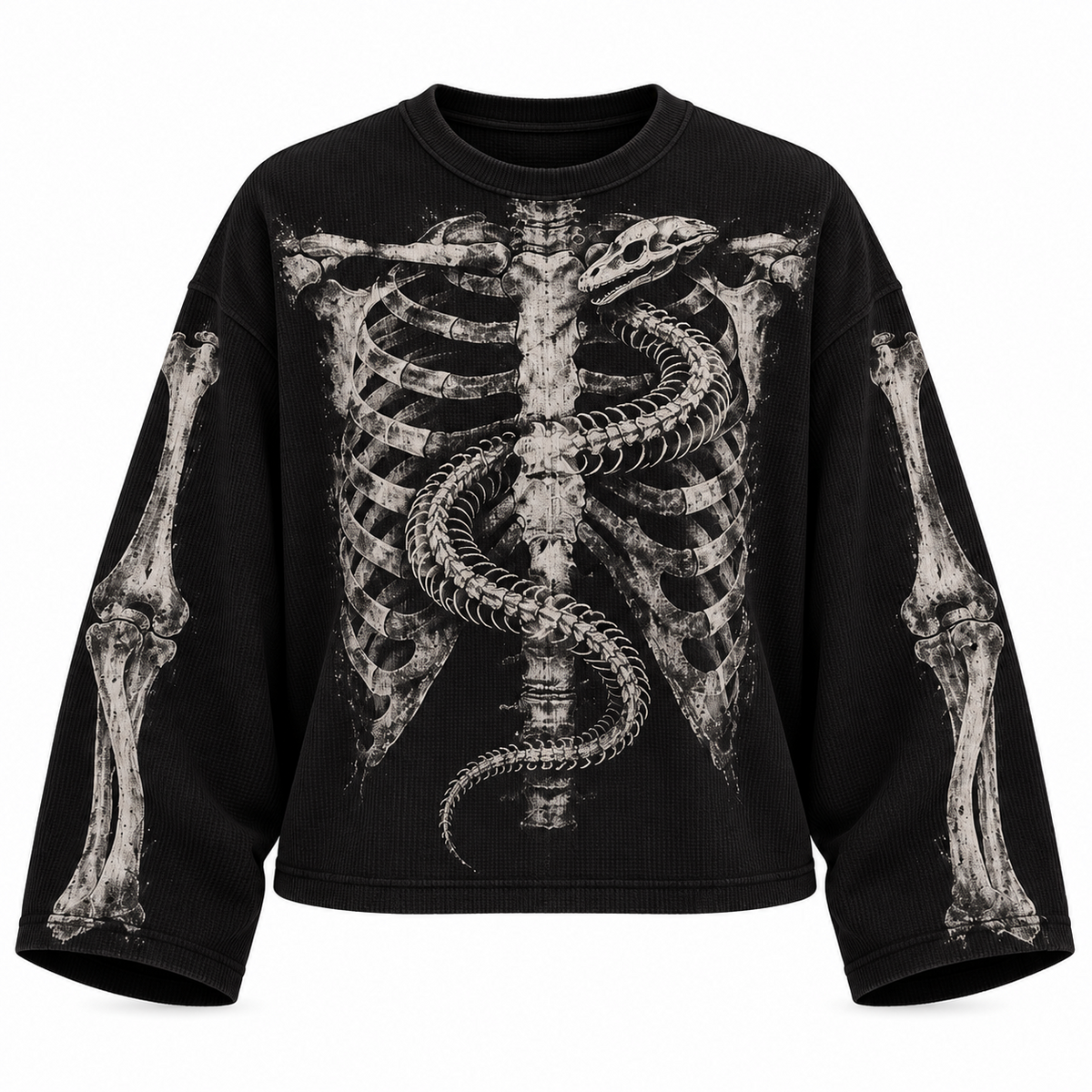 Black skeletal serpent full sleeve tee — front view