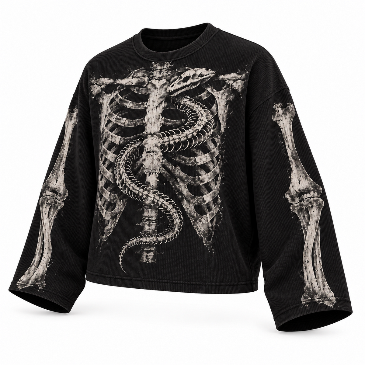 Black skeletal serpent full sleeve tee — three-quarter view