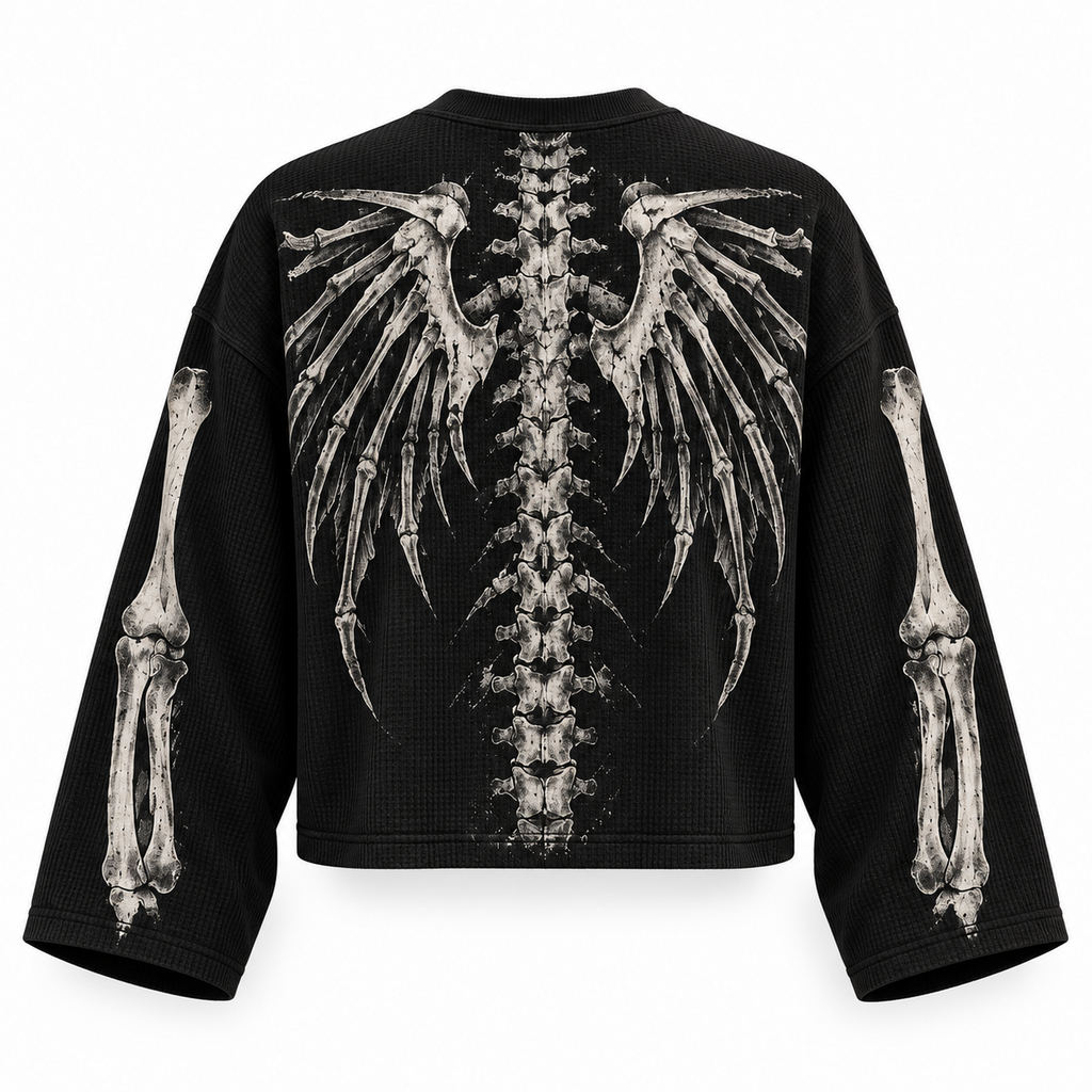 Black skeletal wings full sleeve tee — back view