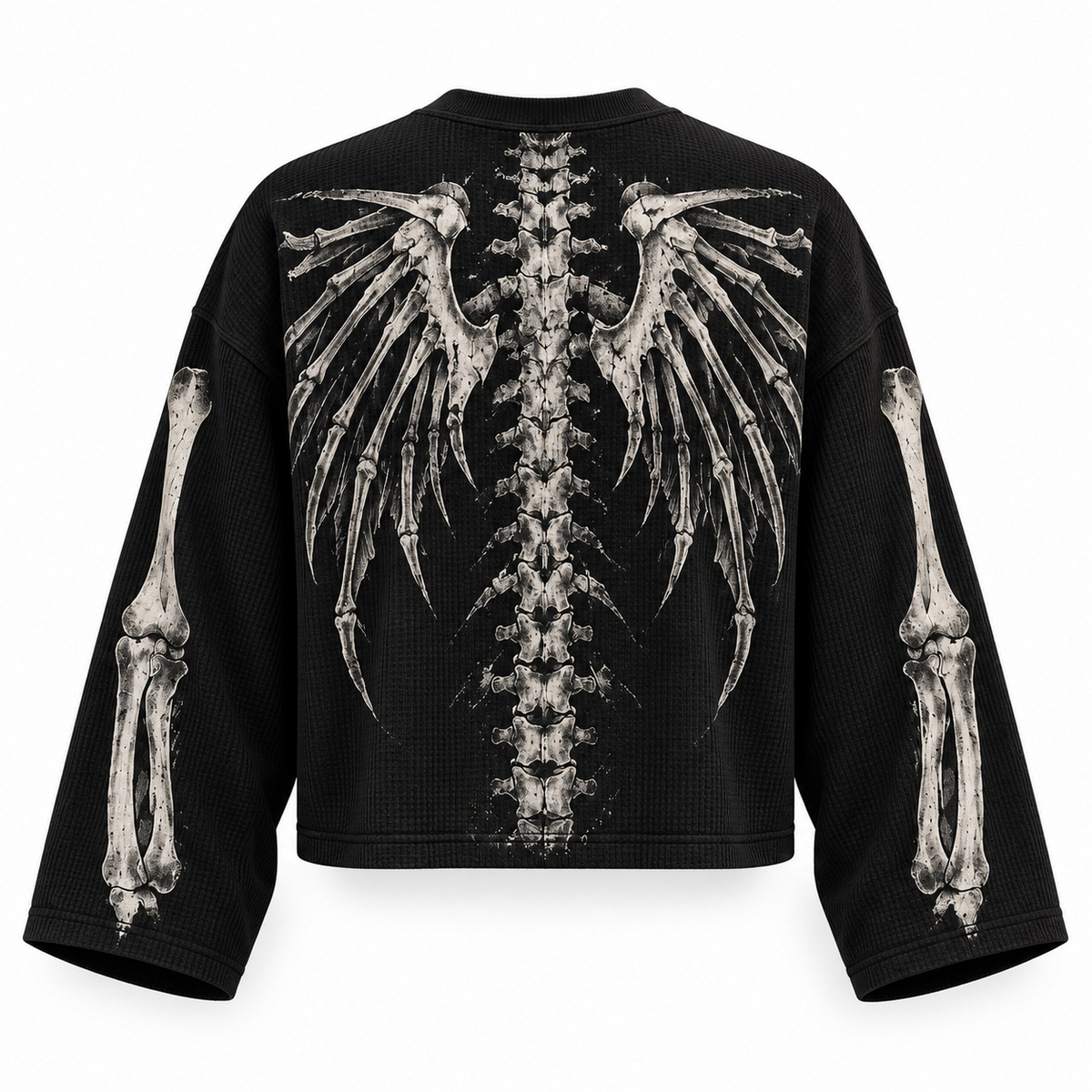 Black skeletal wings full sleeve tee — back view