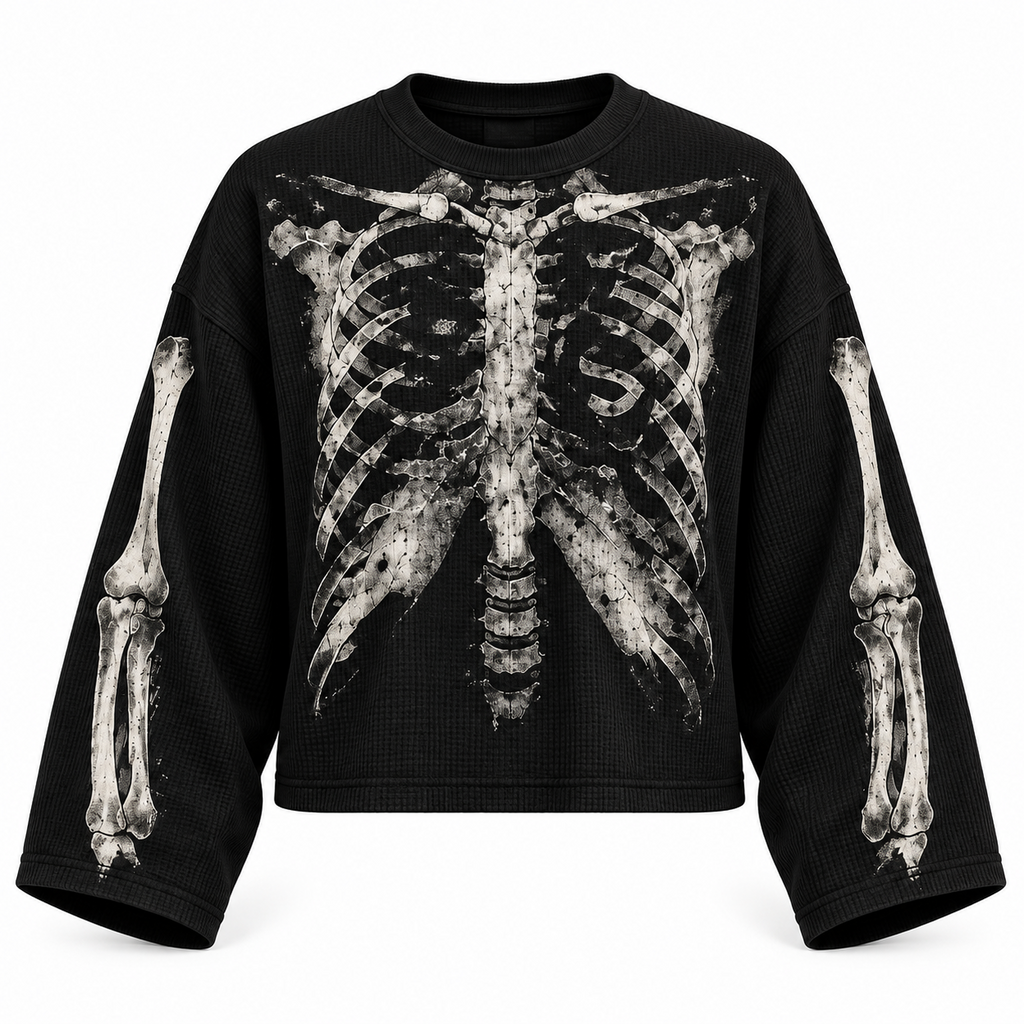 Black skeletal wings full sleeve tee — front view