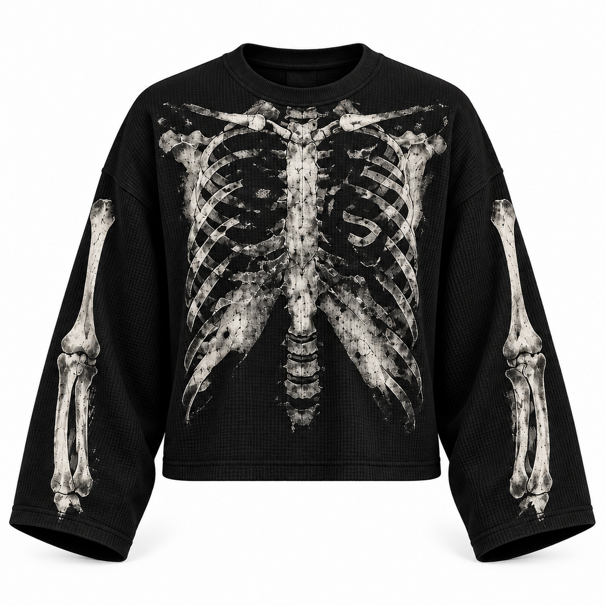Black skeletal wings full sleeve tee — front view