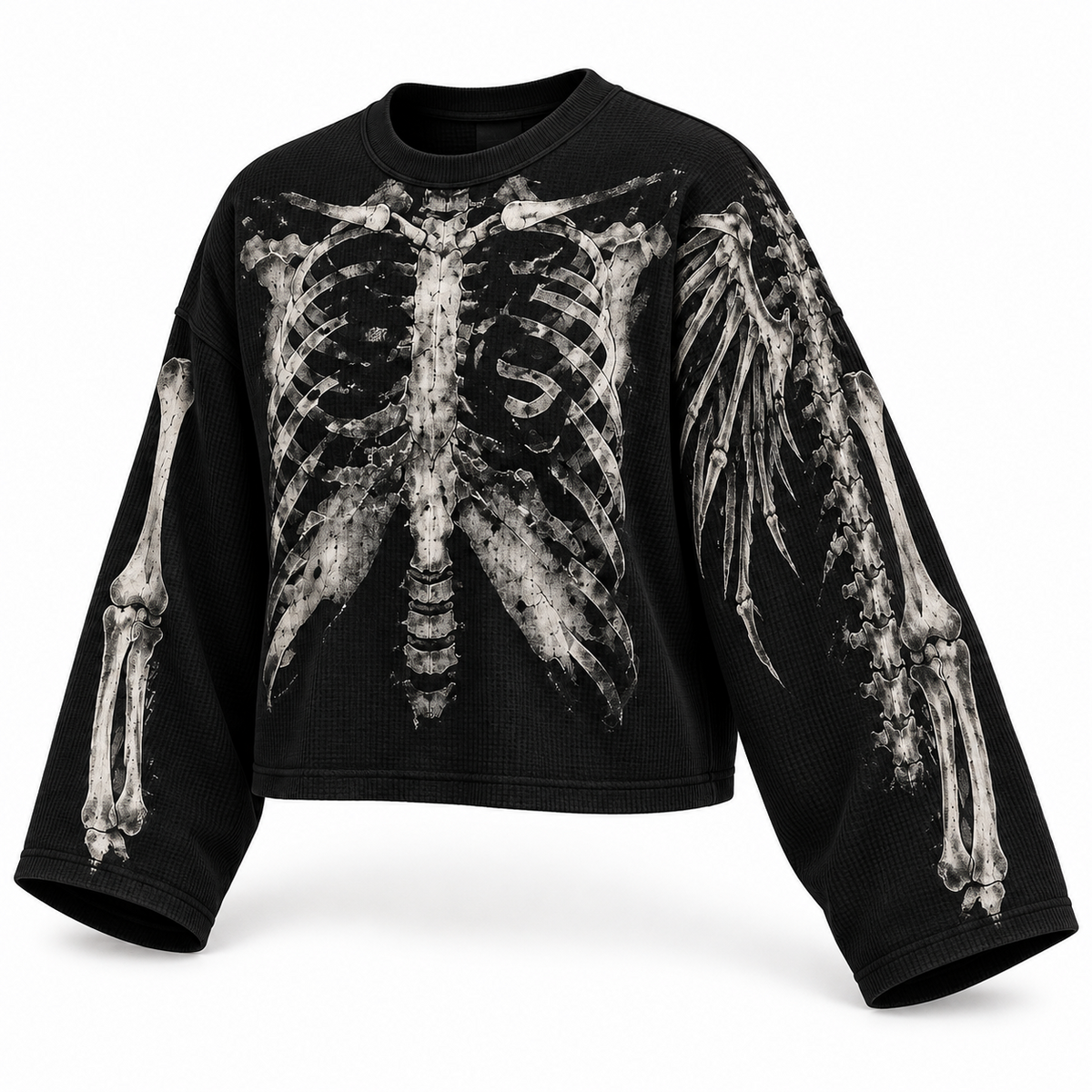 Black skeletal wings full sleeve tee — side view