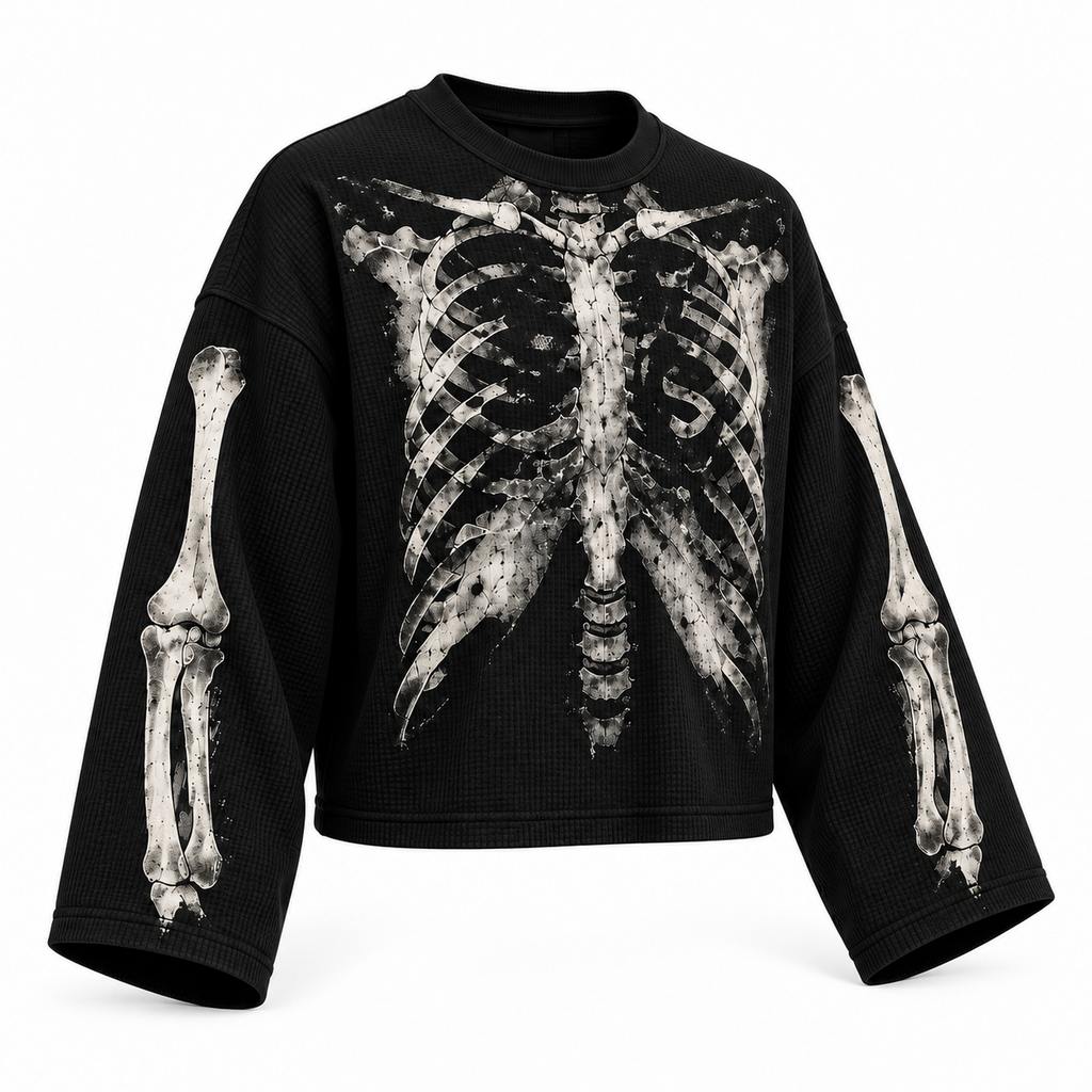 Black skeletal wings full sleeve tee — three-quarter view