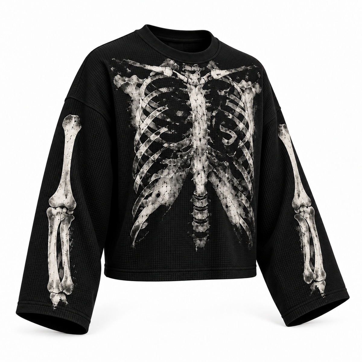 Black skeletal wings full sleeve tee — three-quarter view