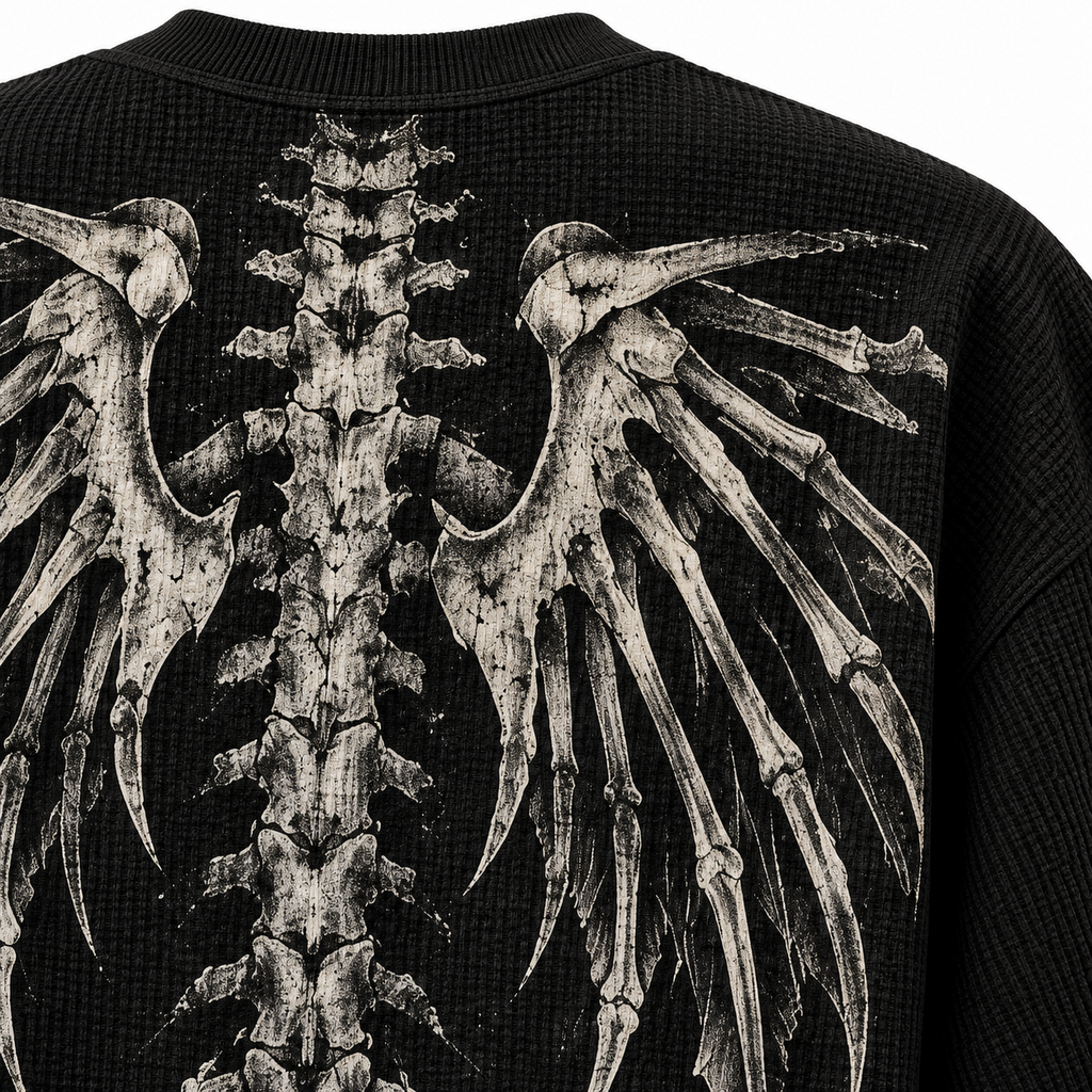 Black skeletal wings full sleeve tee — wing-detail view