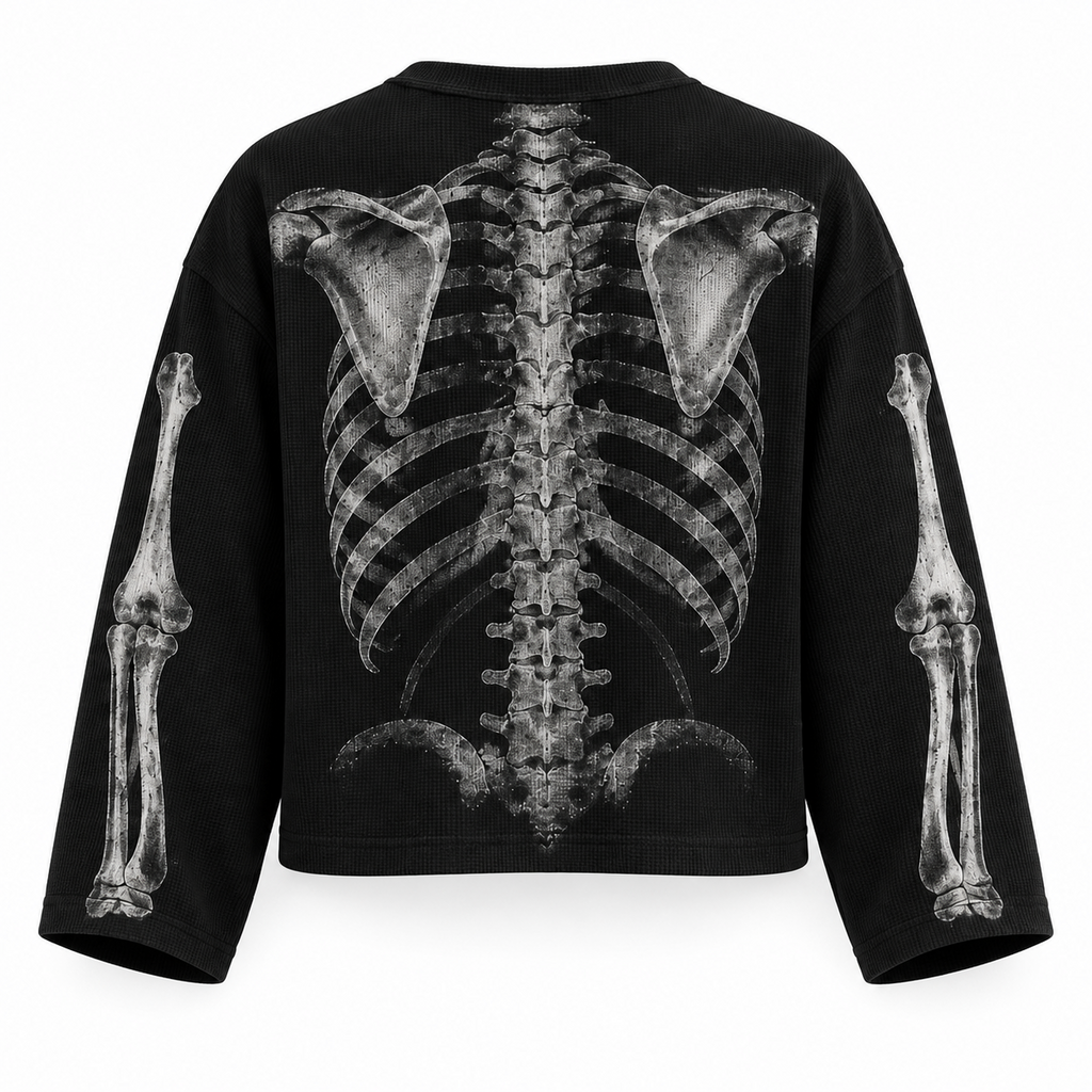 Black skeleton ribcage full sleeve tee — back view
