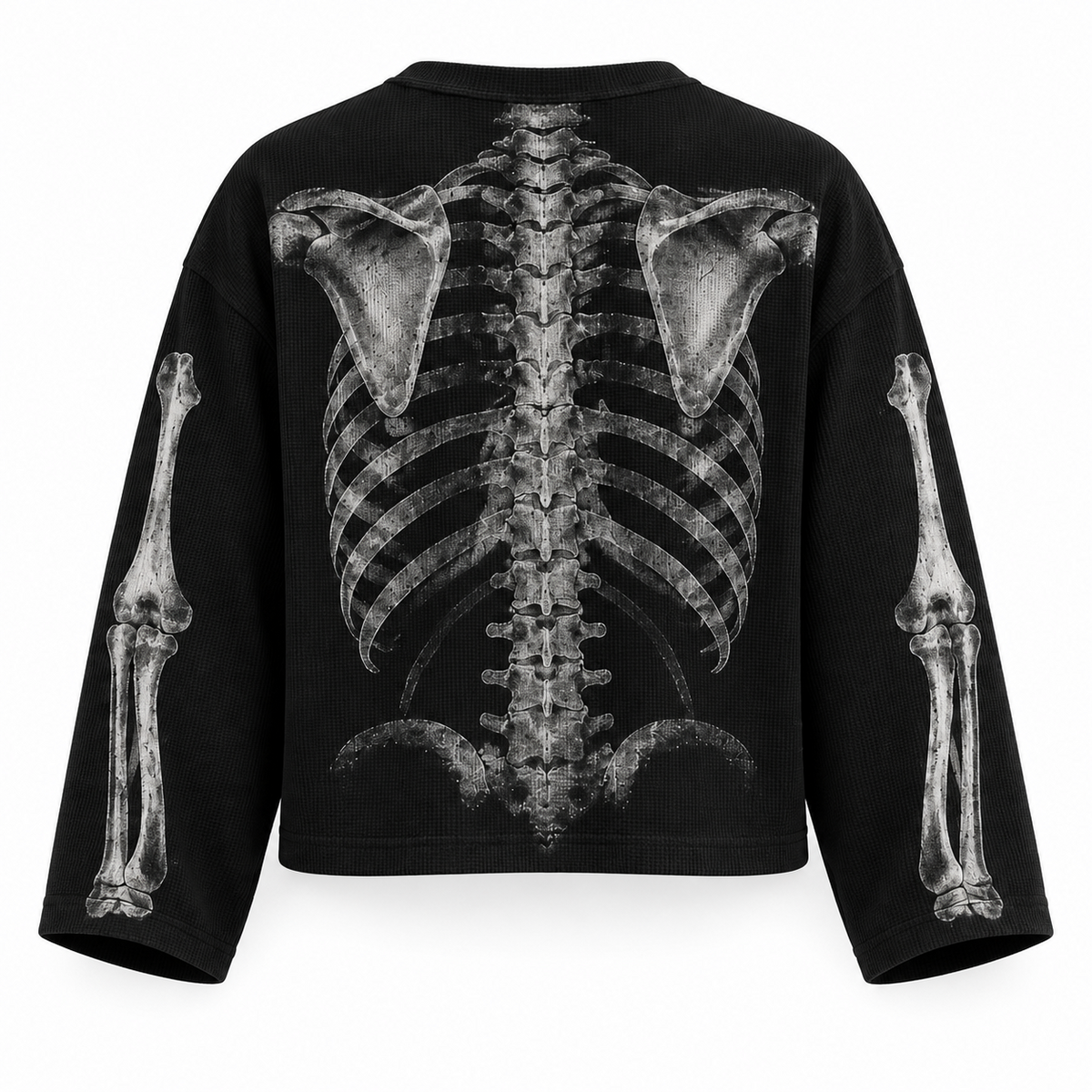 Black skeleton ribcage full sleeve tee — back view