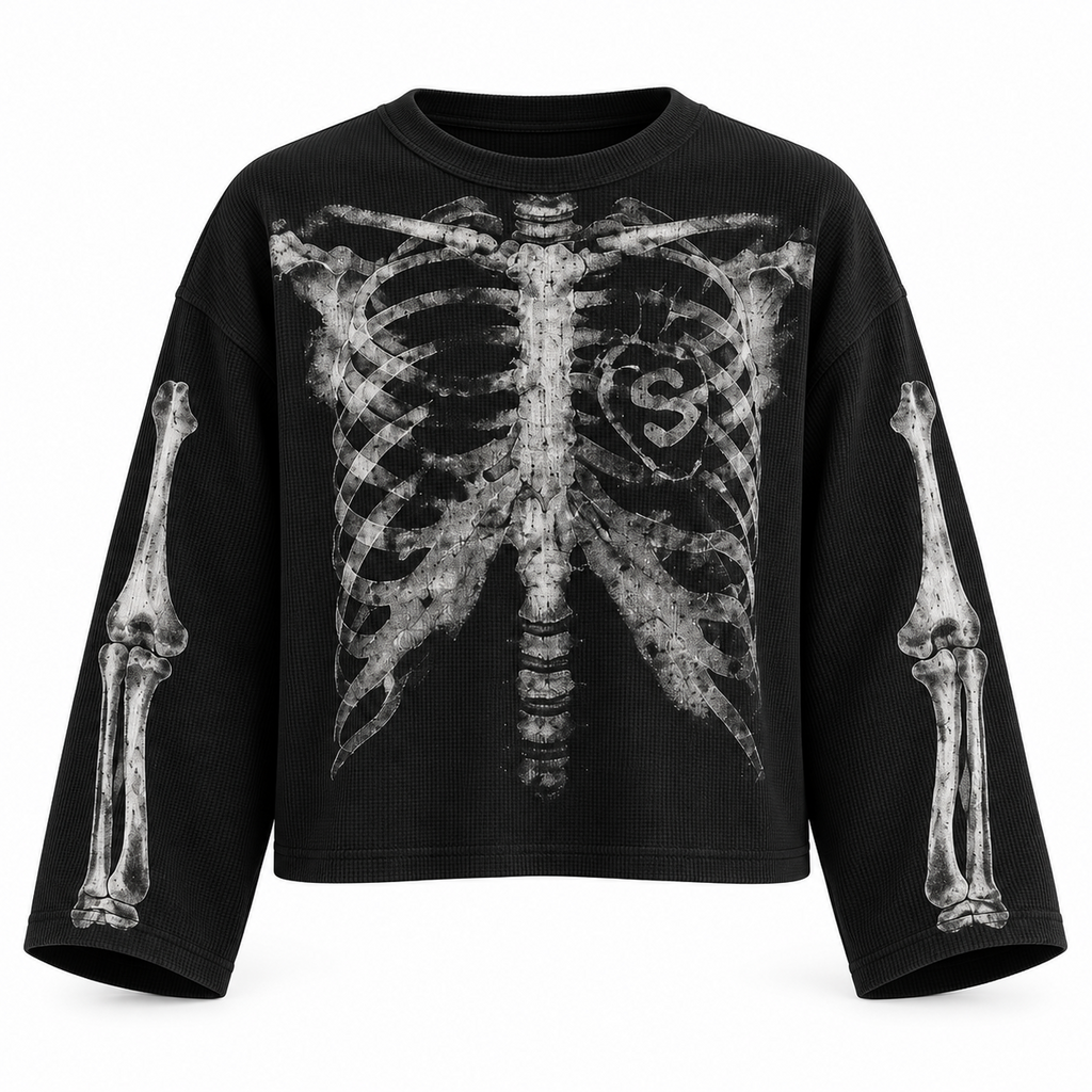 Black skeleton ribcage full sleeve tee — front view