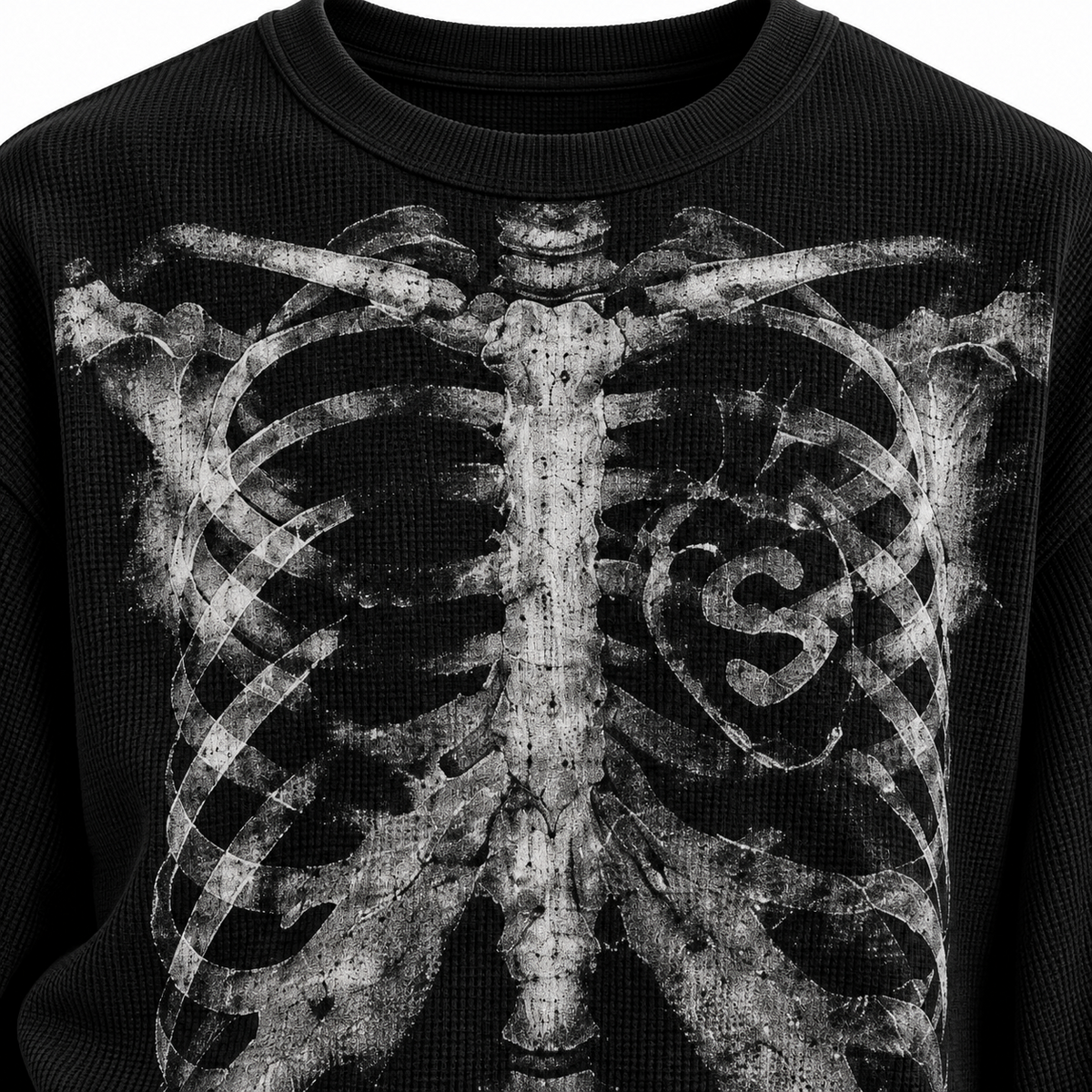 Black skeleton ribcage full sleeve tee — print-detail view
