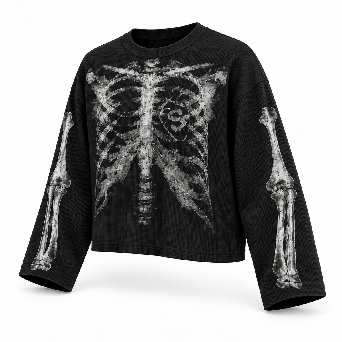 Black skeleton ribcage full sleeve tee — three-quarter view