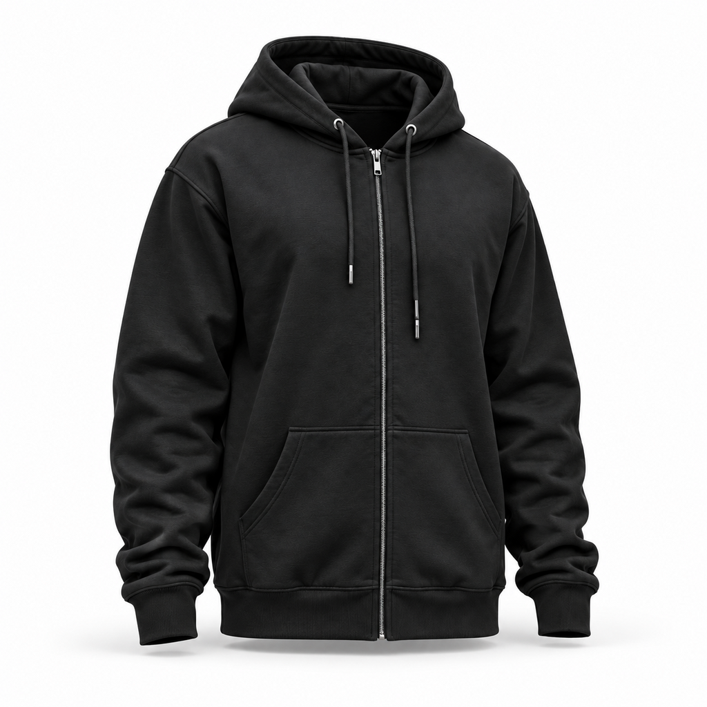 Black zip-up hoodie three-quarter view
