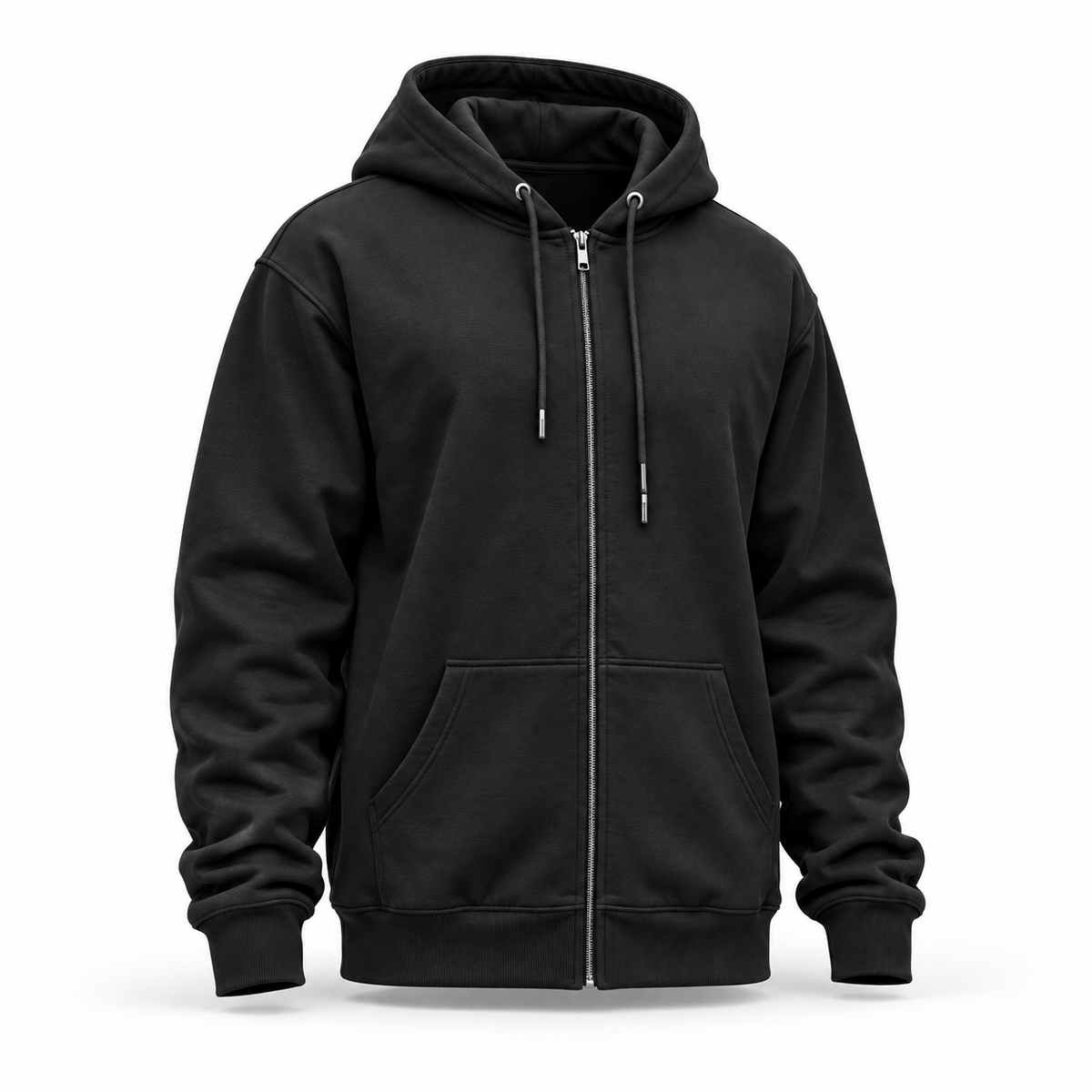 Black zip-up hoodie three-quarter view