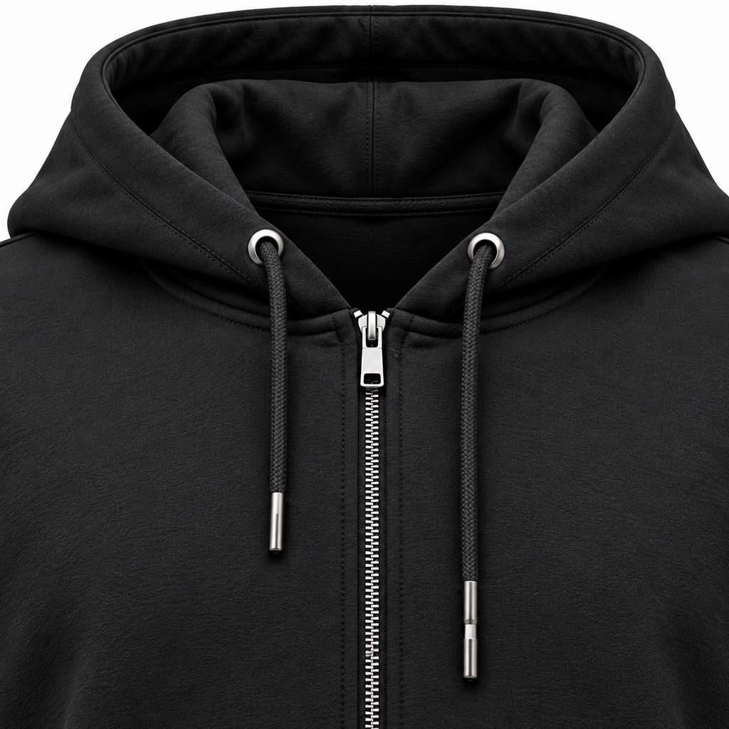 Black hoodie zipper and hood detail