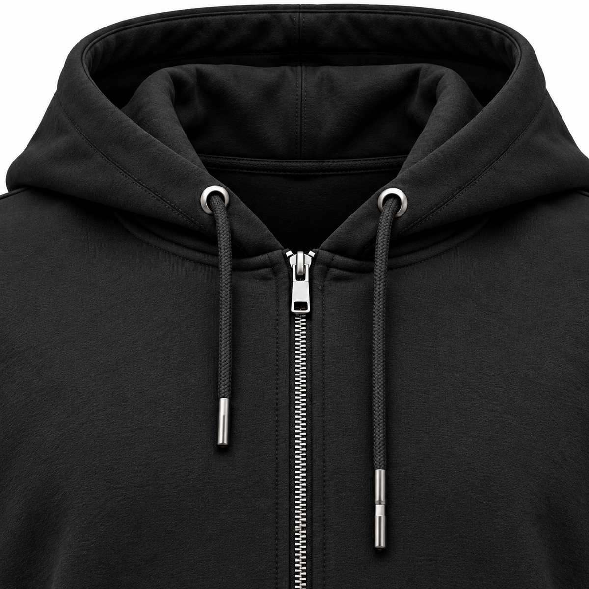 Black hoodie zipper and hood detail