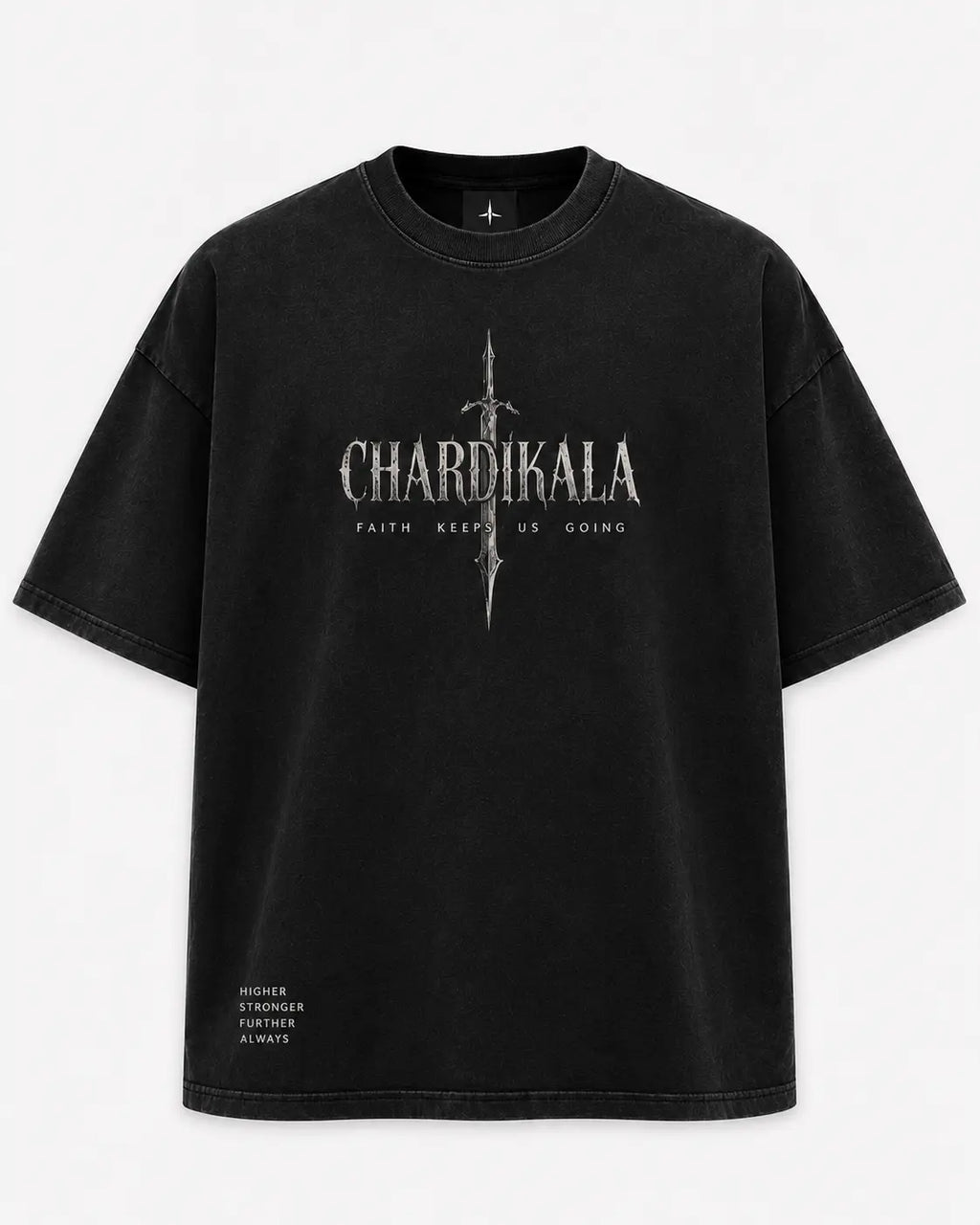 Chardikala Faith Keeps Us Going oversized acid wash T-shirt front