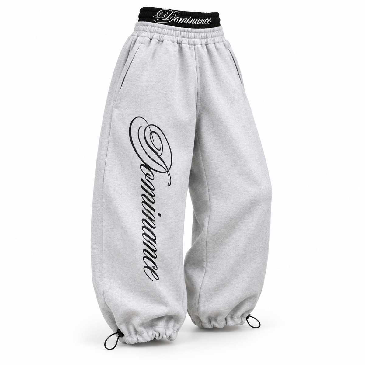 Dominance grey barrel trackpants three quarter view